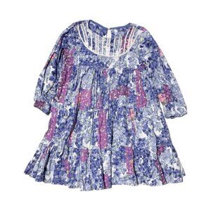 Vintage Purple Floral Bib Front Wide Tiered Long Sleeve Dress